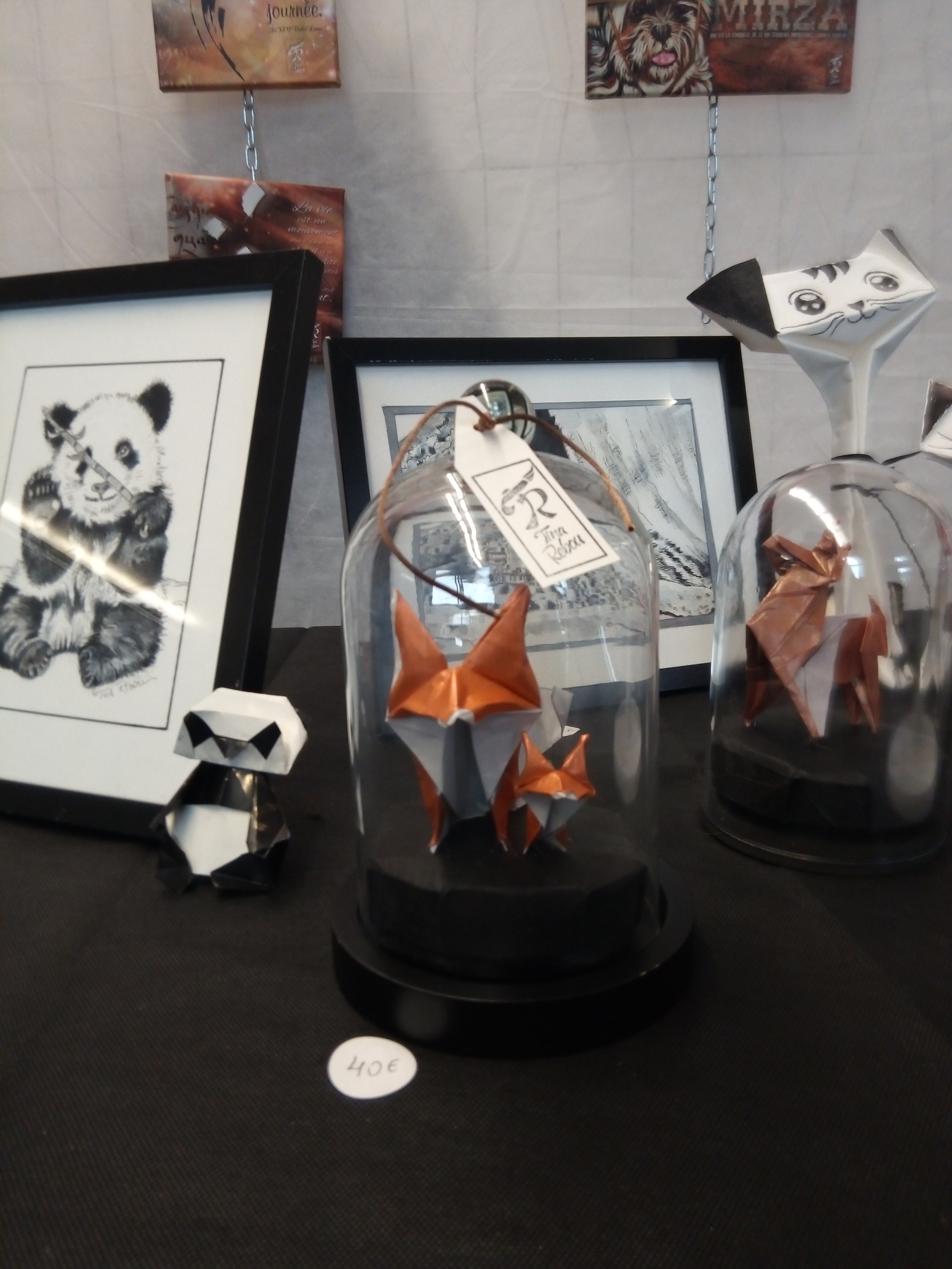 Origami Panda et Origamis Renards et Renne sous cloche