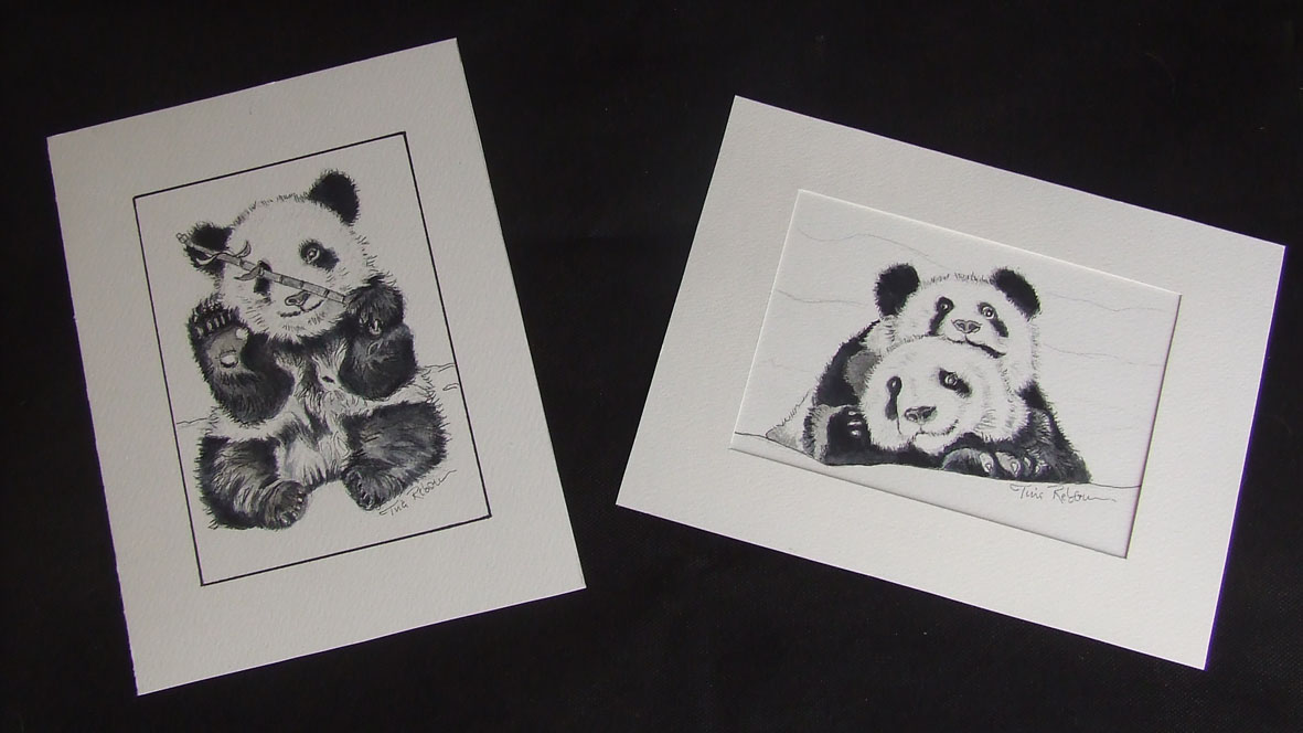 Ensemble Portraits Pandas - Croquis encre et aquarelle