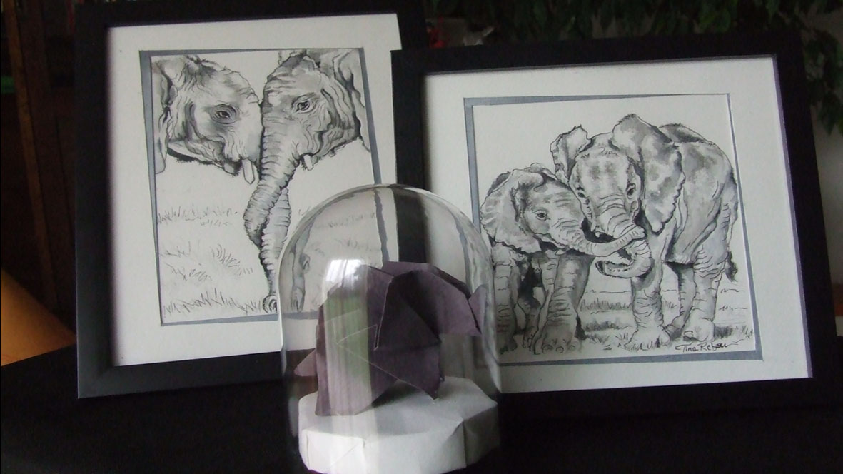 Ensemble portrait Eléphants - et origami éléphant - Croquis Encre et Aquarelle