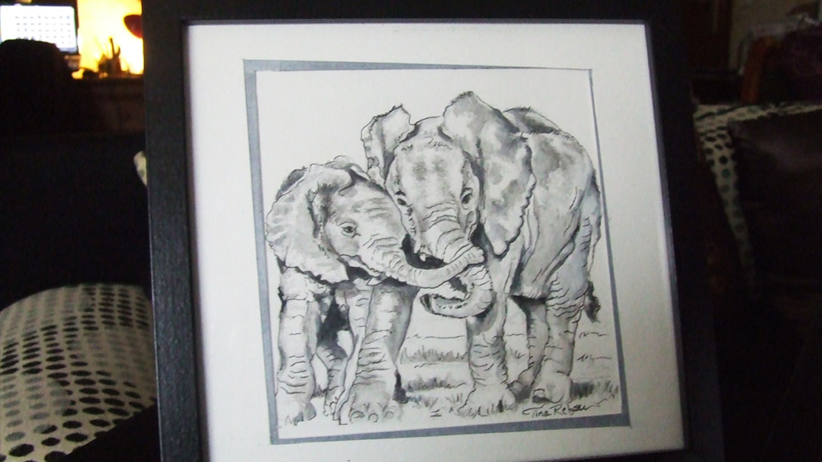 Portrait Maman et son éléphanteau - Croquis encre et aquarelle